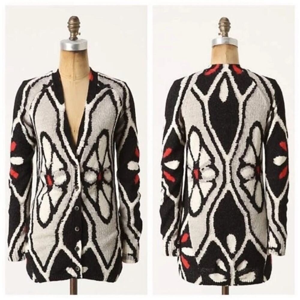 Anthropologie Field of Flowers Floral Black/White/Red Cardigan